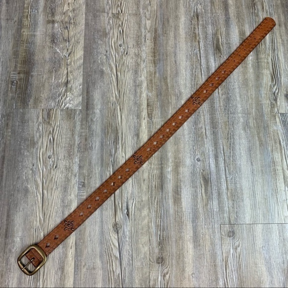 Brown Tooled Punched Leather Belt Gold Tone Metal Hardware and Stud Embellished - Picture 10 of 10
